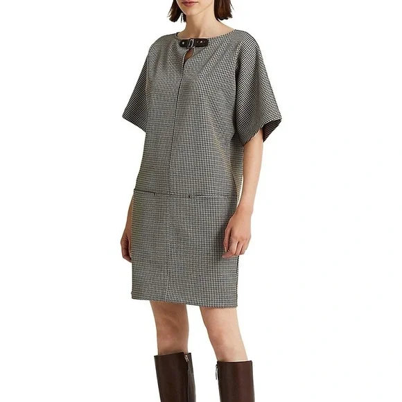 LAUREN RALPH LAUREN NWT Buckle Trim Houndstooth Jacquard Shift Dress Size Medium - Picture 3 of 15